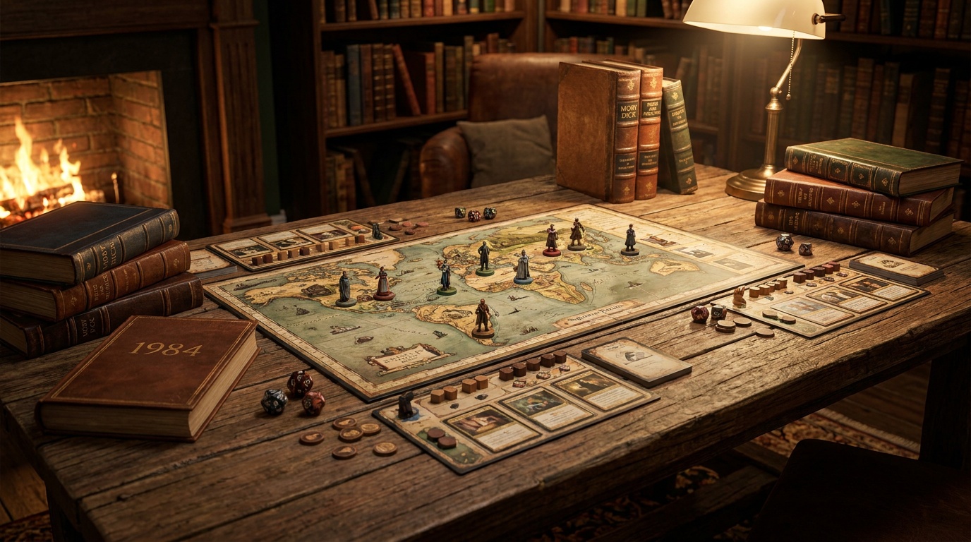 Bästa brädspelen baserade på böcker: spelkomponenter och böcker på ett bord