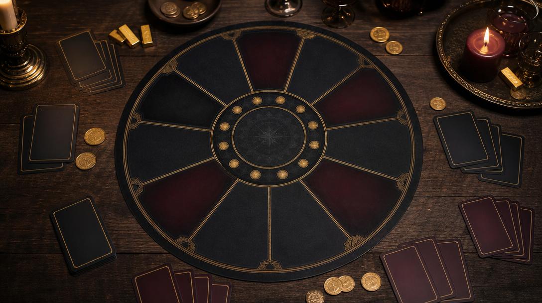 Förrädarna brädspel med spelplan, kort och guld på ett bord