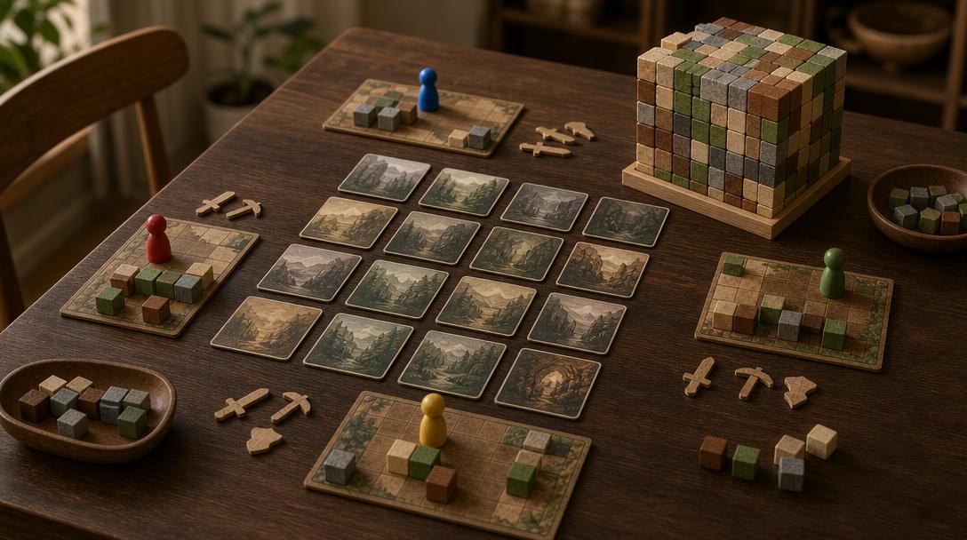 Spelmaterial till Minecraft: Builders & Biomes uppställt på ett bord