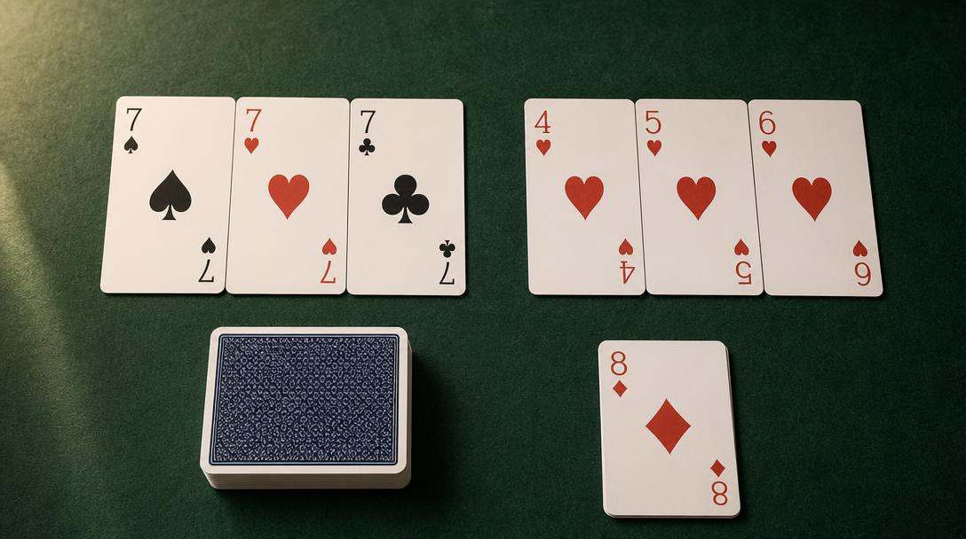 Spelkort ordnade i grupper och sekvenser för Rummy